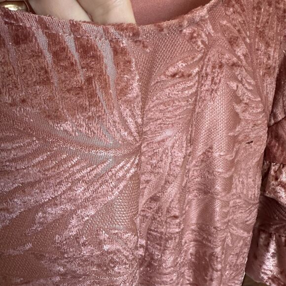 Umgee Mini Dress Tunic Med Velvet Short Flutter Sleeve Dusty Pink Leaves Boho - Picture 4 of 7